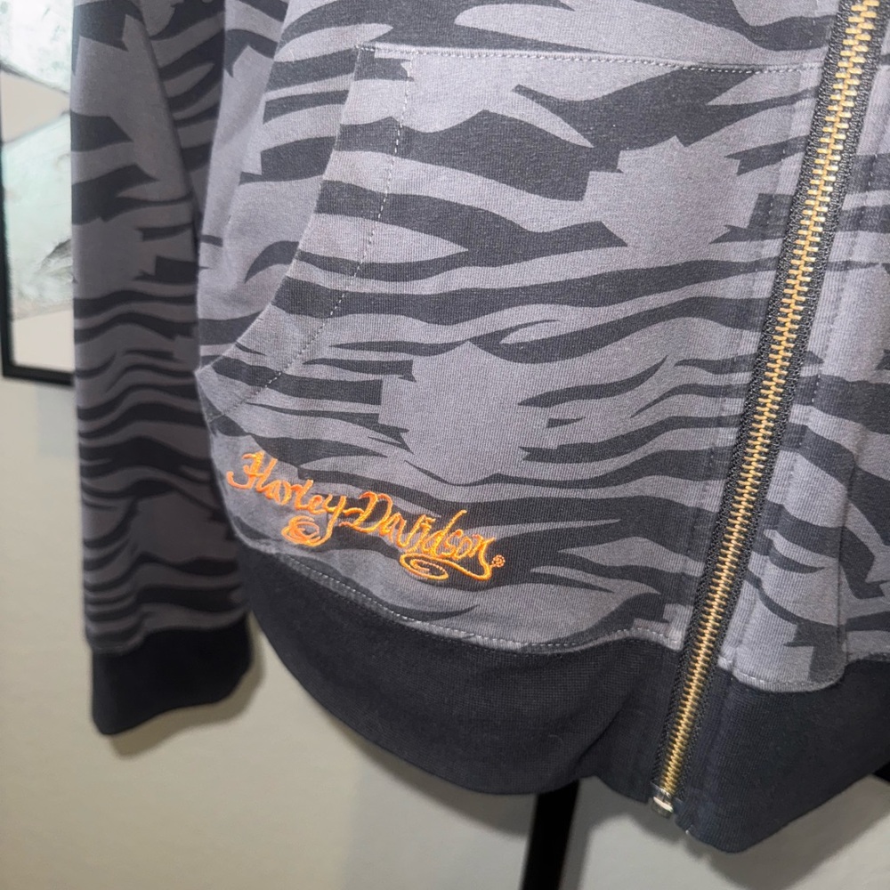 Harley-Davidson Reversible Black & Gray Zebra-Stripe Zip Hoodie with Orange Logo - Picture 8 of 8